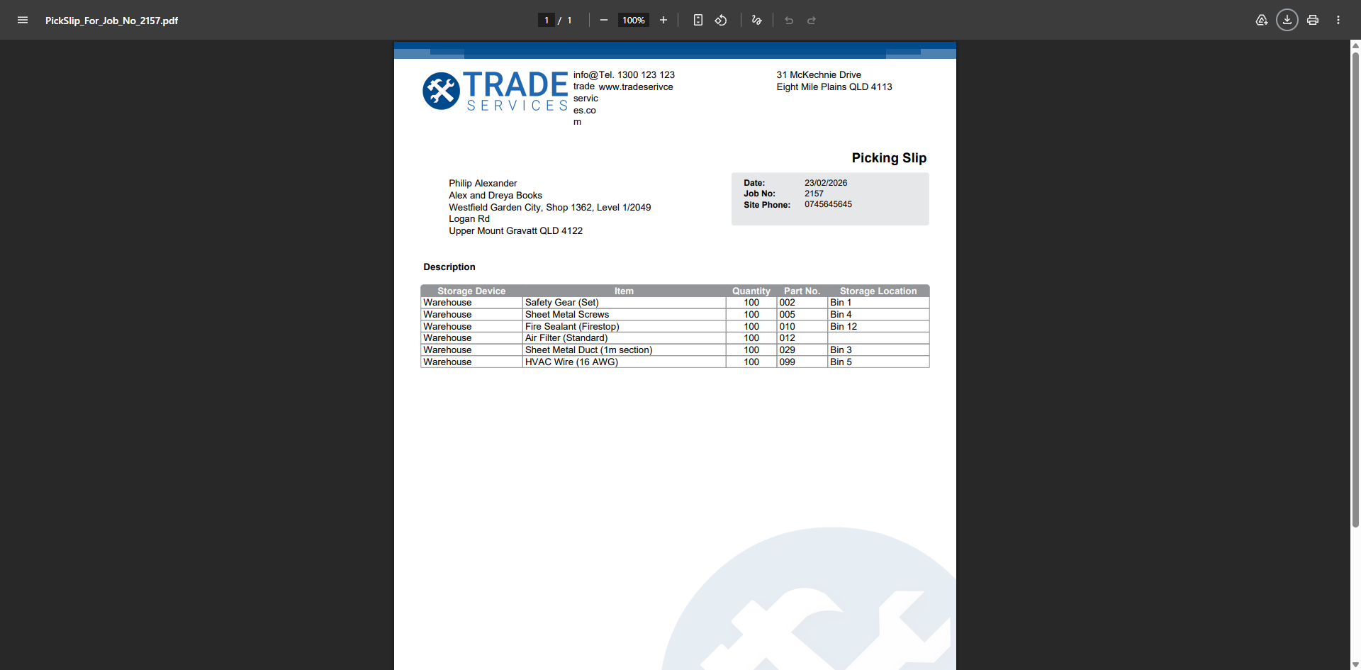 A screenshot of the picking slip preview.